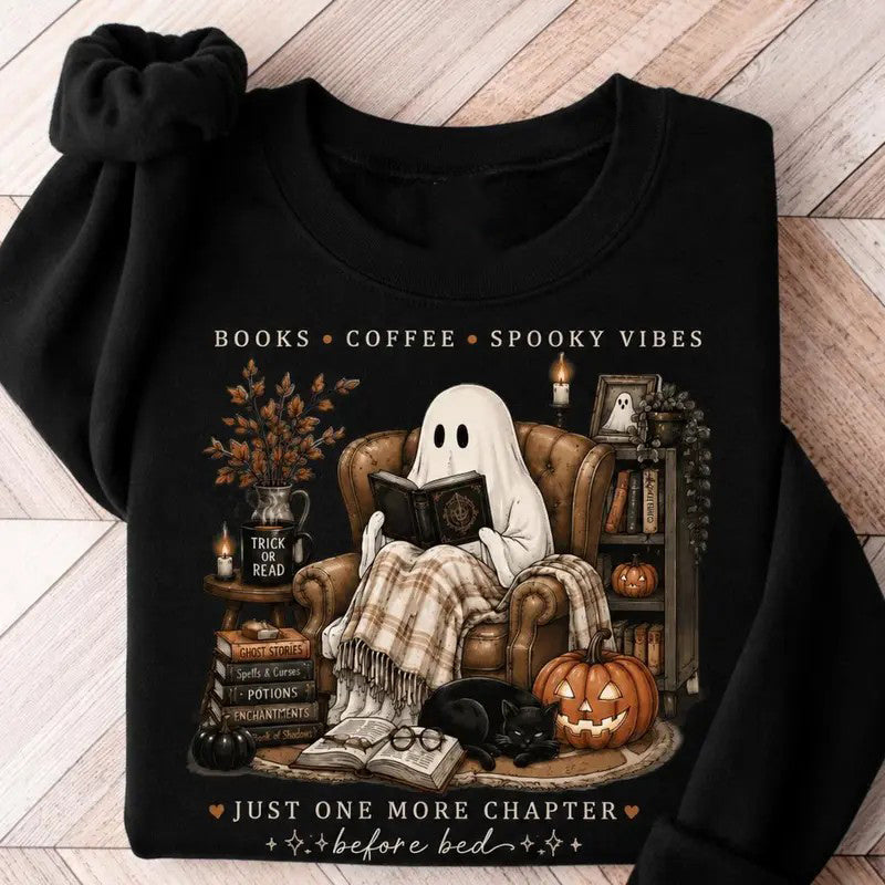 Cozy Ghost Reading Book Lover Coffee Spooky Vibes T-Shirt / Sweatshirt / Hoodie