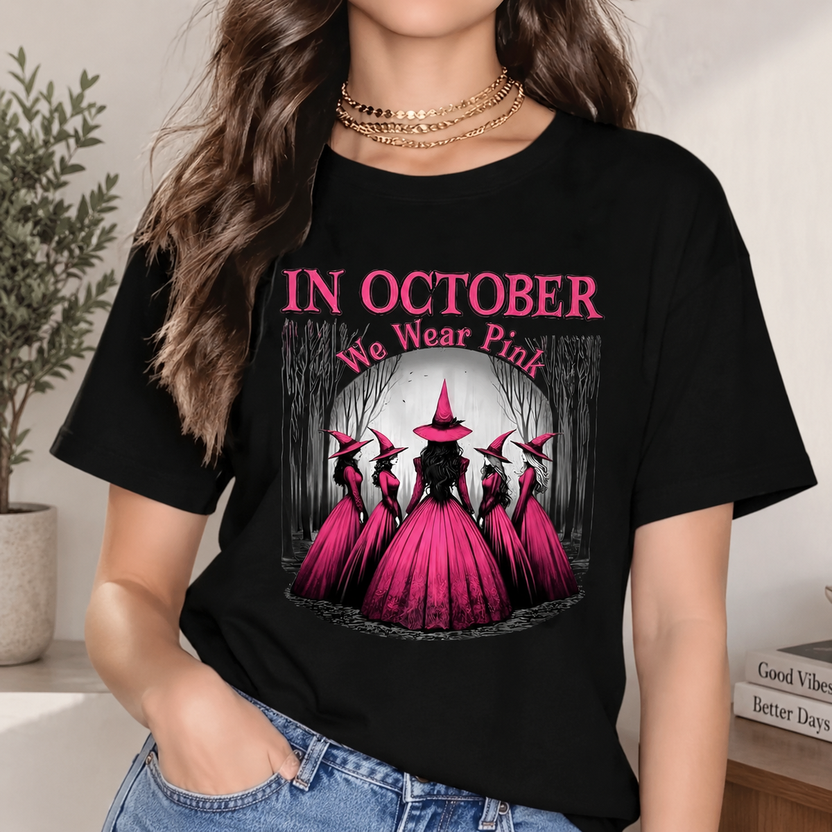 In October We Wear Pink Witch Coven Graphic Shirt Mystical Forest Halloween T-Shirt / Sweatshirt / Hoodie
