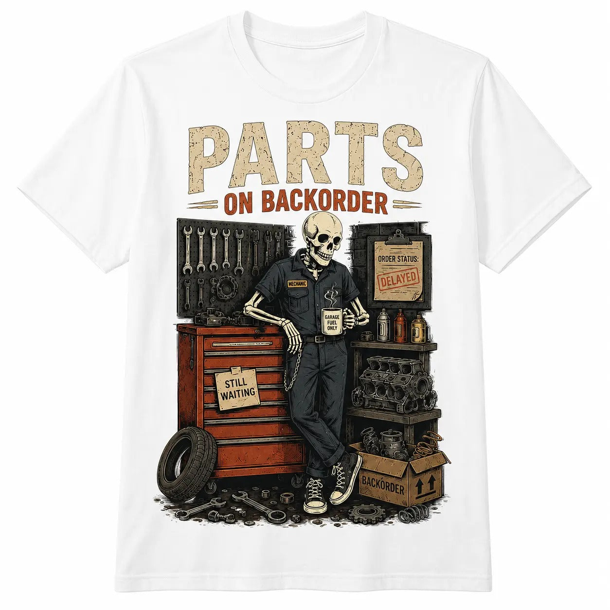 Waiting On Parts Funny Skeleton Auto Mechanic T-Shirt / Sweatshirt / Hoodie