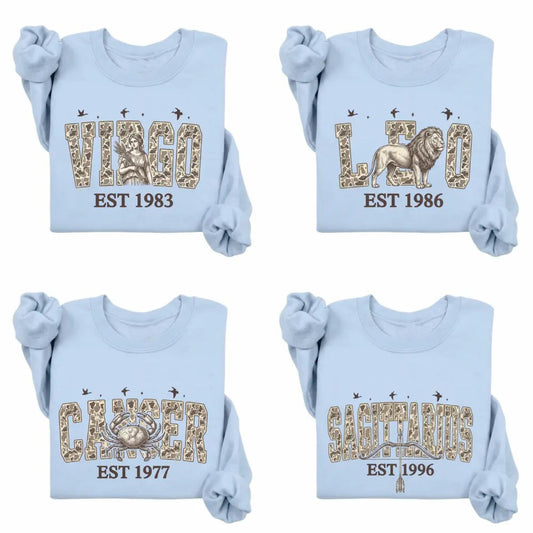 Custom Zodiac EST Year Shirt Vintage Camo Letter Animal Graphic T-Shirt / Sweatshirt / Hoodie