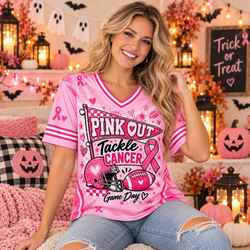 Pink Out Bow Ghost Football Breast Cancer Awareness V-Neck Jersey