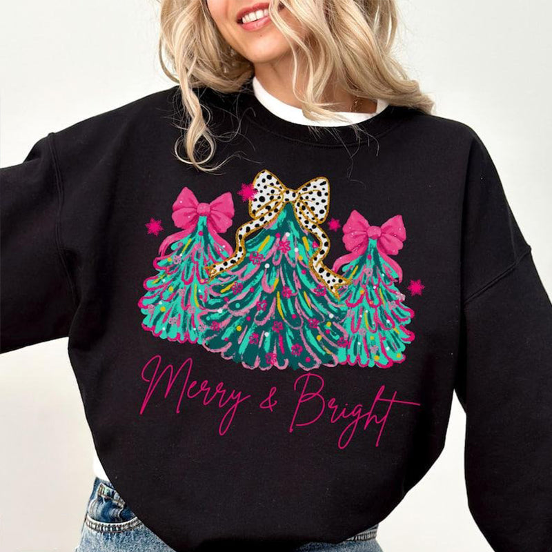 Merry & Bright Xmas Tree Holiday Bow Lights Cute Jolly T-Shirt / Sweatshirt / Hoodie