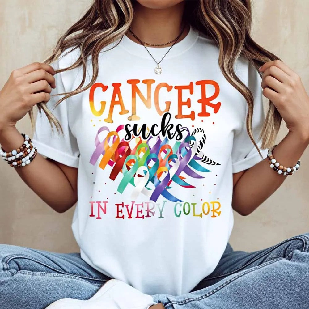 Cancer Sucks In Every Color Ribbon Awareness Print  T-Shirt / Sweatshirt / Hoodie