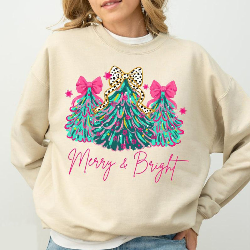 Merry & Bright Xmas Tree Holiday Bow Lights Cute Jolly T-Shirt / Sweatshirt / Hoodie