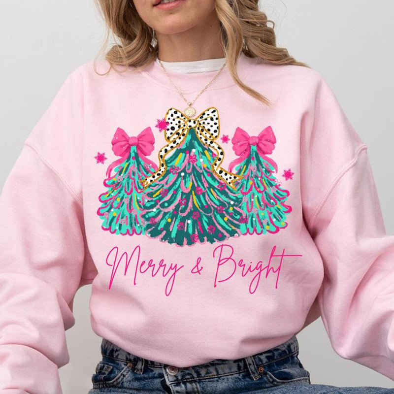 Merry & Bright Xmas Tree Holiday Bow Lights Cute Jolly T-Shirt / Sweatshirt / Hoodie