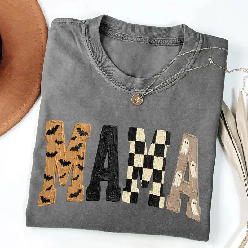 Halloween Mama Shirt Patchwork Letter Bat & Ghost Graphic T-Shirt / Sweatshirt / Hoodie