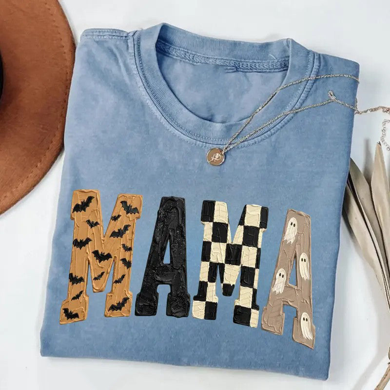 Halloween Mama Shirt Patchwork Letter Bat & Ghost Graphic T-Shirt / Sweatshirt / Hoodie