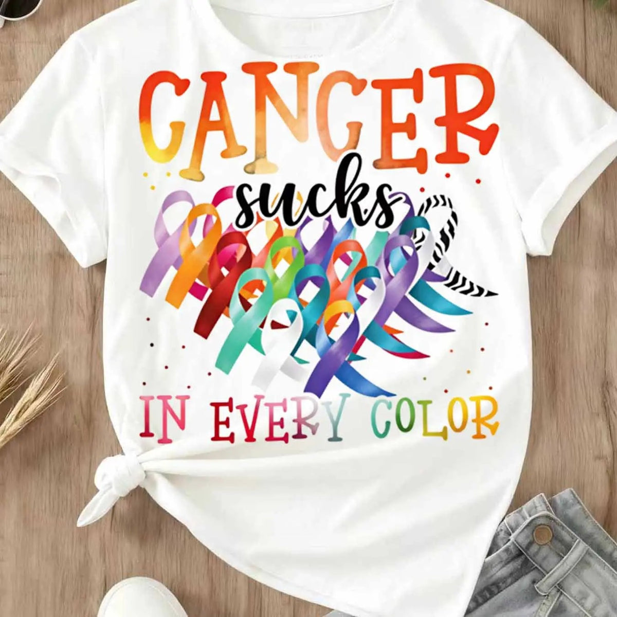 Cancer Sucks In Every Color Ribbon Awareness Print  T-Shirt / Sweatshirt / Hoodie