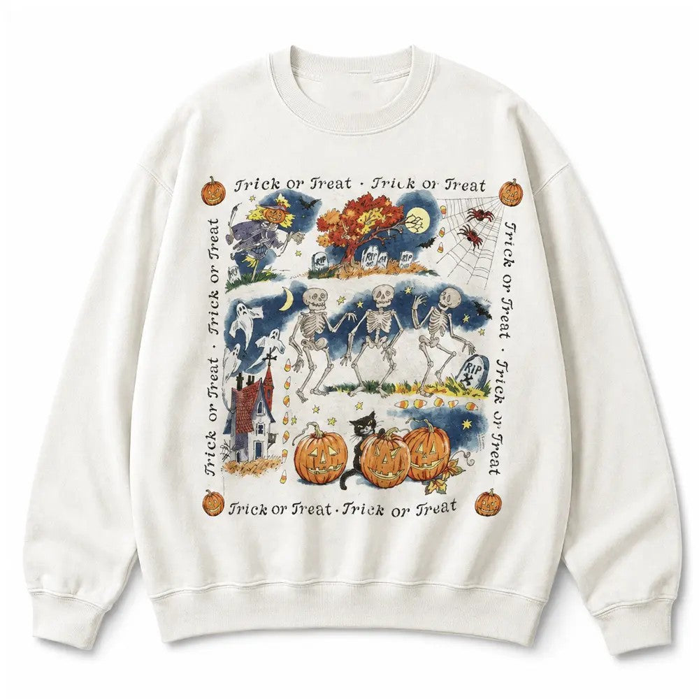Vintage 90s Halloween Skeleton Trick or Treat Pumpkin Graphic T-Shirt / Sweatshirt / Hoodie