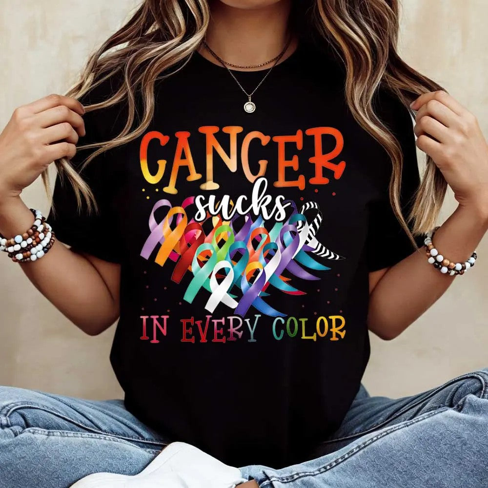 Cancer Sucks In Every Color Ribbon Awareness Print  T-Shirt / Sweatshirt / Hoodie