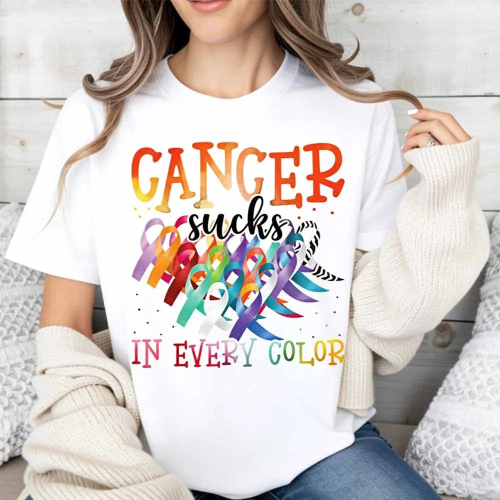 Cancer Sucks In Every Color Ribbon Awareness Print  T-Shirt / Sweatshirt / Hoodie