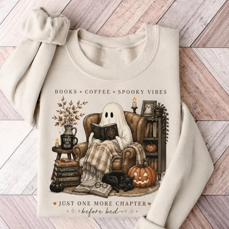 Cozy Ghost Reading Book Lover Coffee Spooky Vibes T-Shirt / Sweatshirt / Hoodie