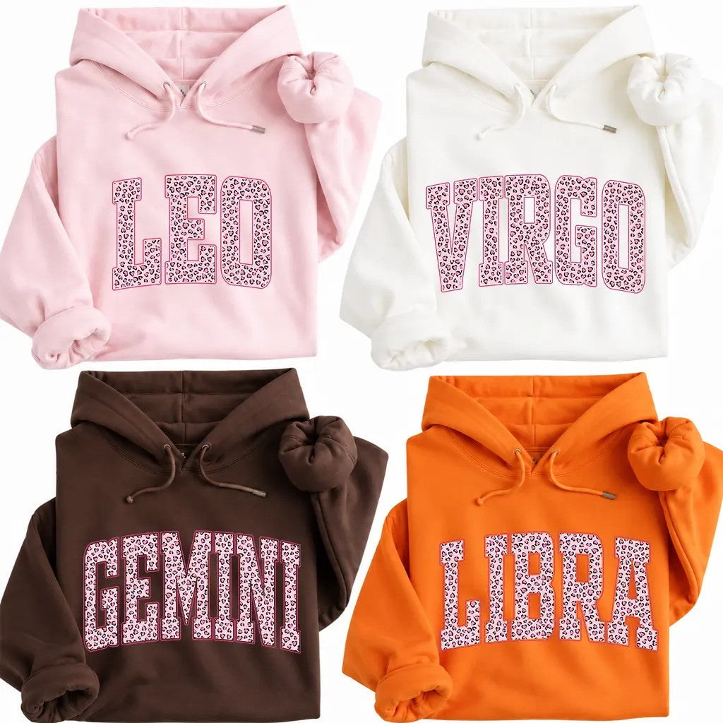 12 Zodiac Pink Leopard Print Letter Graphic Shirt Vintage Varsity Hoodie / Sweatshirt / T-Shirt
