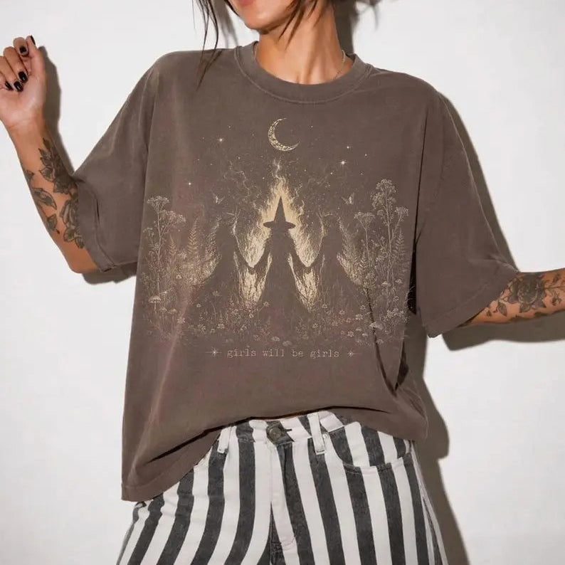 Girls Will Be Girls Witch Silhouette Moonlit Forest Graphic Shirt Vintage T-Shirt / Sweatshirt / Hoodie
