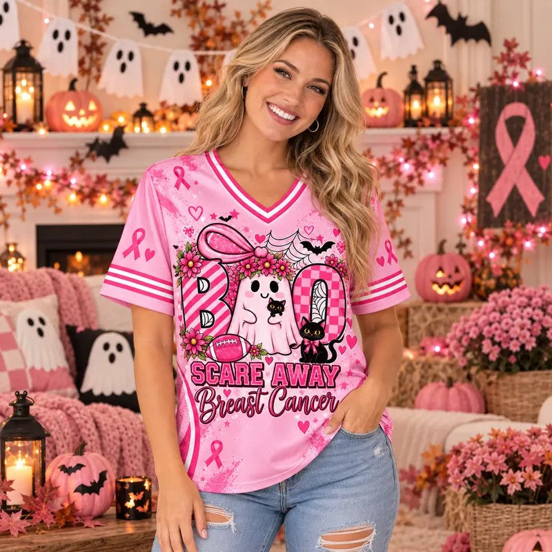 Pink Out Bow Ghost Football Breast Cancer Awareness V-Neck Jersey