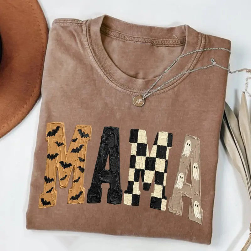 Halloween Mama Shirt Patchwork Letter Bat & Ghost Graphic T-Shirt / Sweatshirt / Hoodie