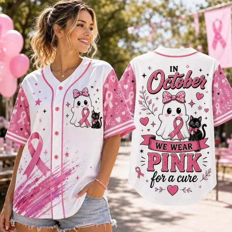 Pink Ribbon Breast Cancer Awareness Baseball Jersey - In October We Wear Pink