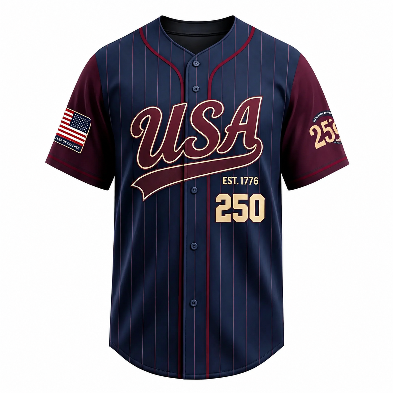 USA 250 Anniversary Baseball Jersey – 1776–2026 Patriotic Button-Up Shirt