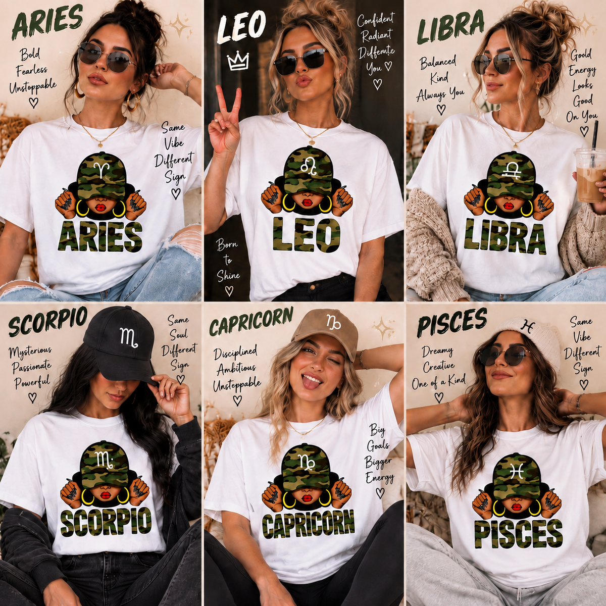 12 Zodiac Signs Shirt Cute Camo Character Constellation Graphic T-Shirt / Sweatshirt / Hoodie