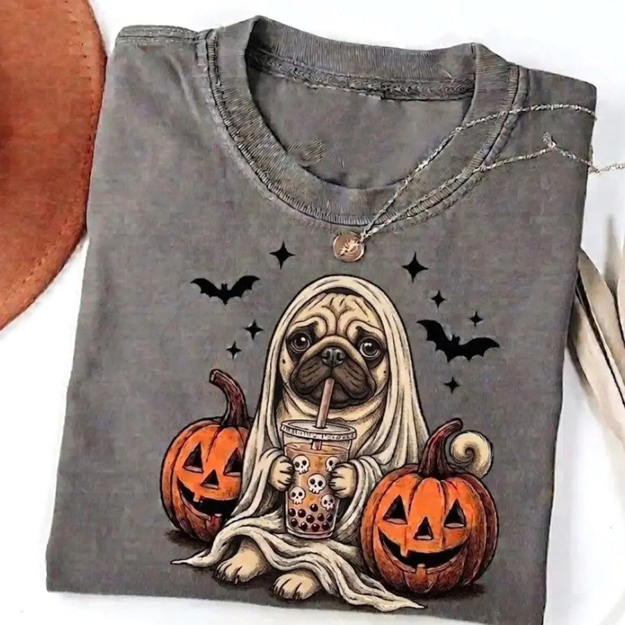 50+ Breeds Available Custom Ghost & Boba Tea Halloween T-Shirt / Sweatshirt / Hoodie