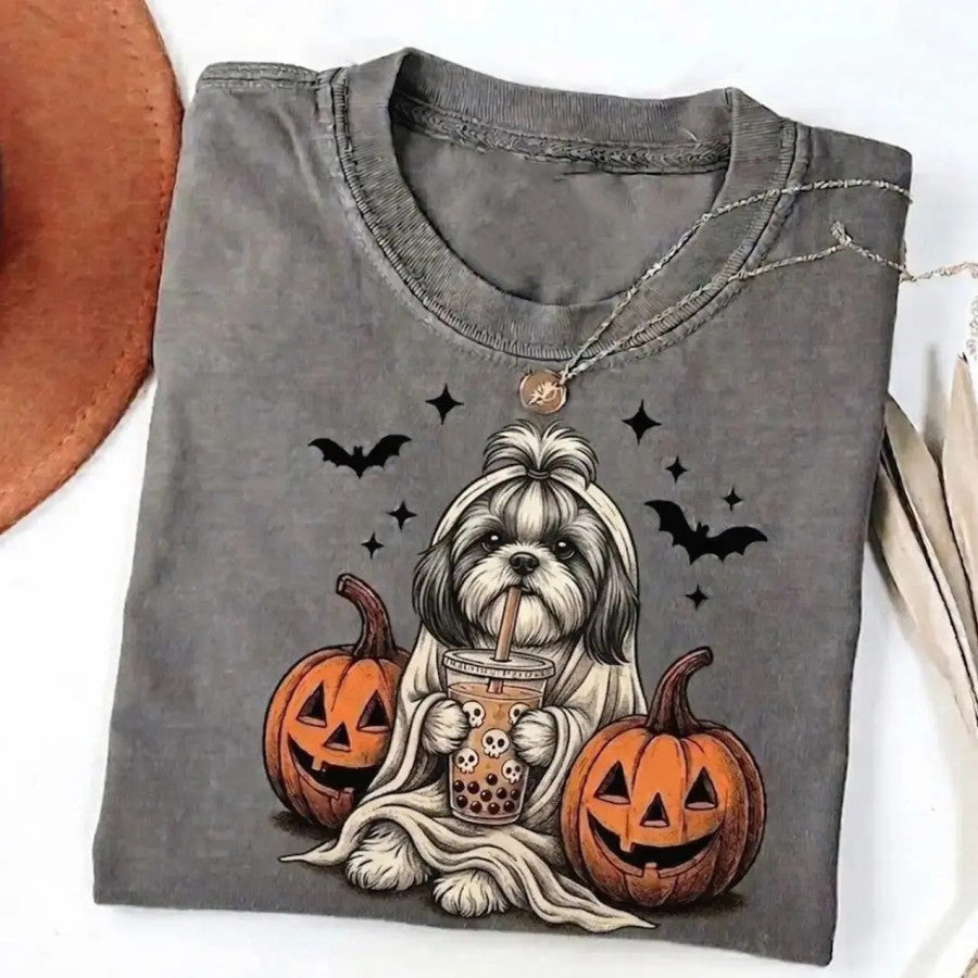 50+ Breeds Available Custom Ghost & Boba Tea Halloween T-Shirt / Sweatshirt / Hoodie