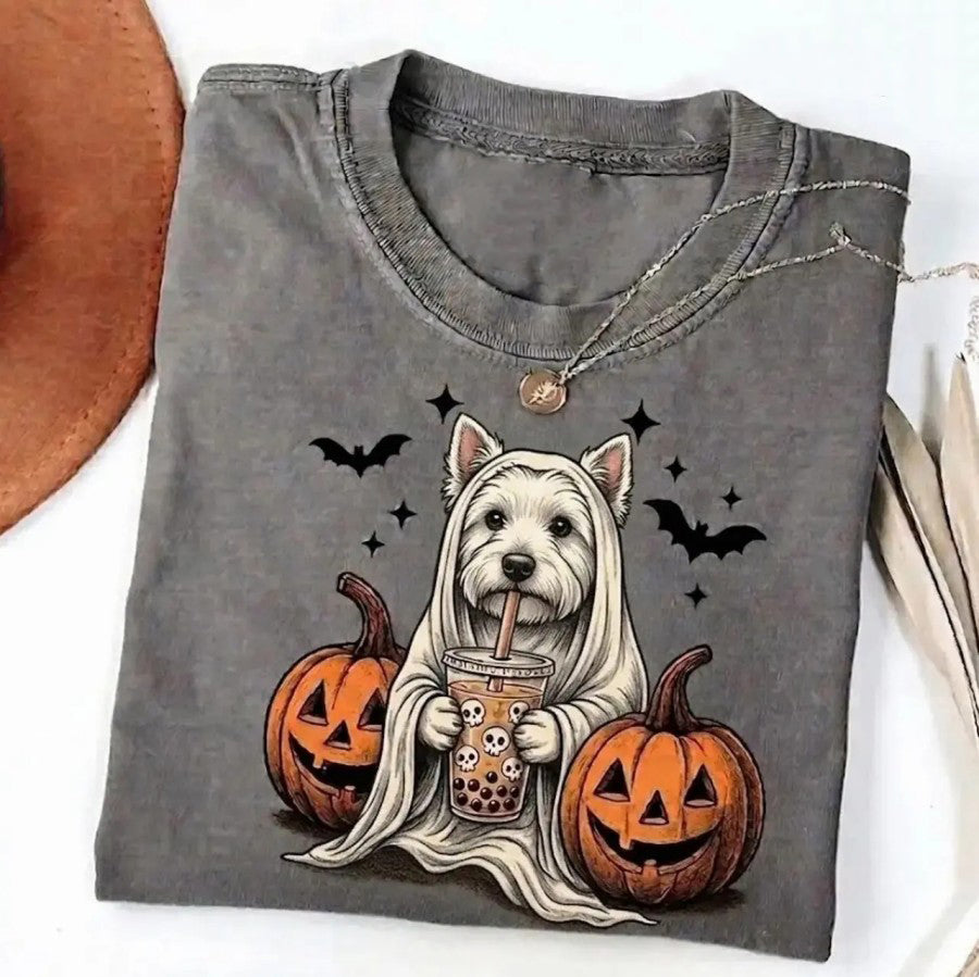50+ Breeds Available Custom Ghost & Boba Tea Halloween T-Shirt / Sweatshirt / Hoodie