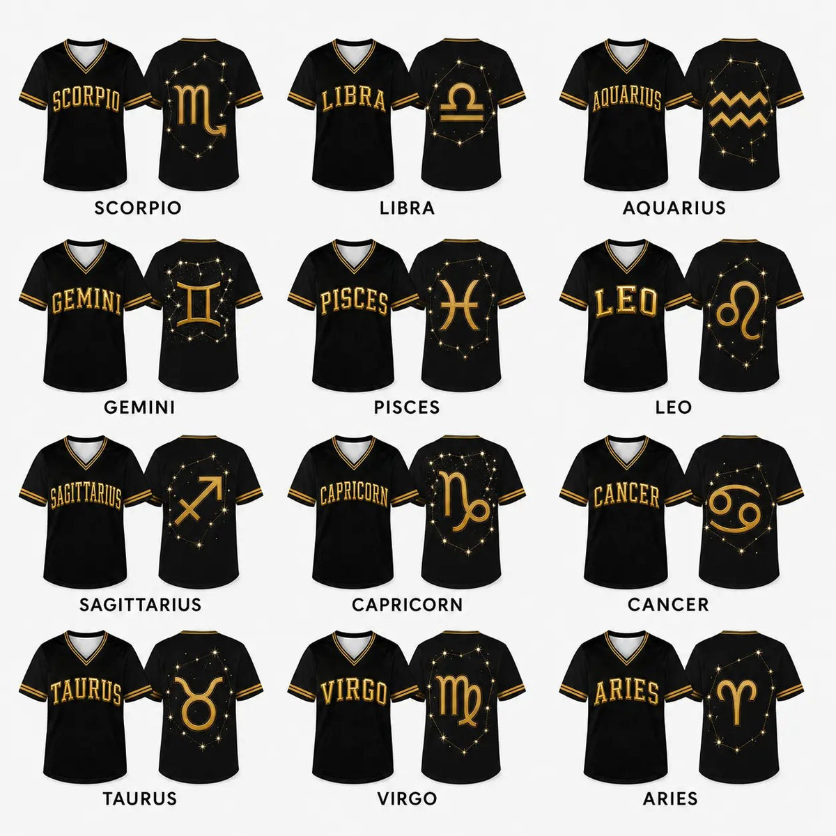 Unisex Fit Zodiac Constellations Soccer Jersey - Black Gold Short Sleeve Astro Sports Jersey