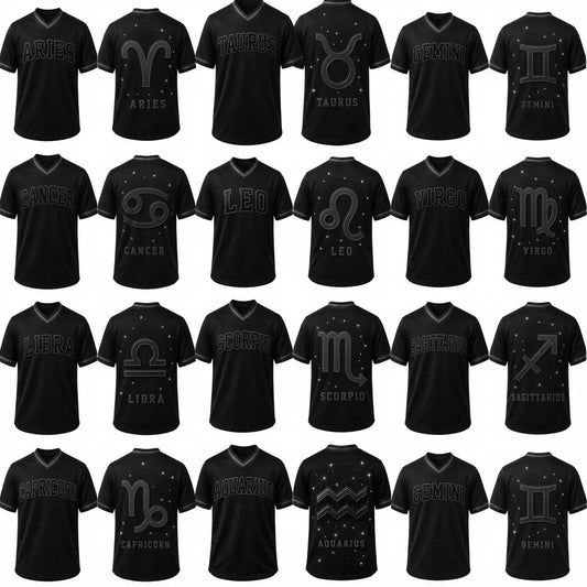 Black Unisex Zodiac V-Neck Casual Soccer Jersey - Fabric Top with 12 Star Sign Art Constellations Sports Jersey