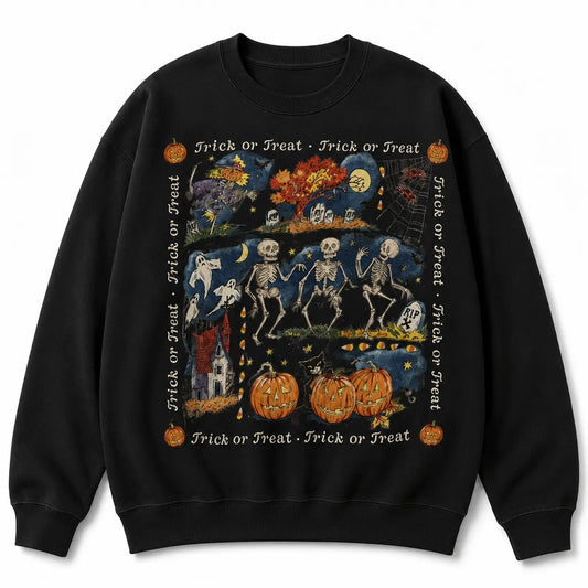 Vintage 90s Halloween Skeleton Trick or Treat Pumpkin Graphic T-Shirt / Sweatshirt / Hoodie