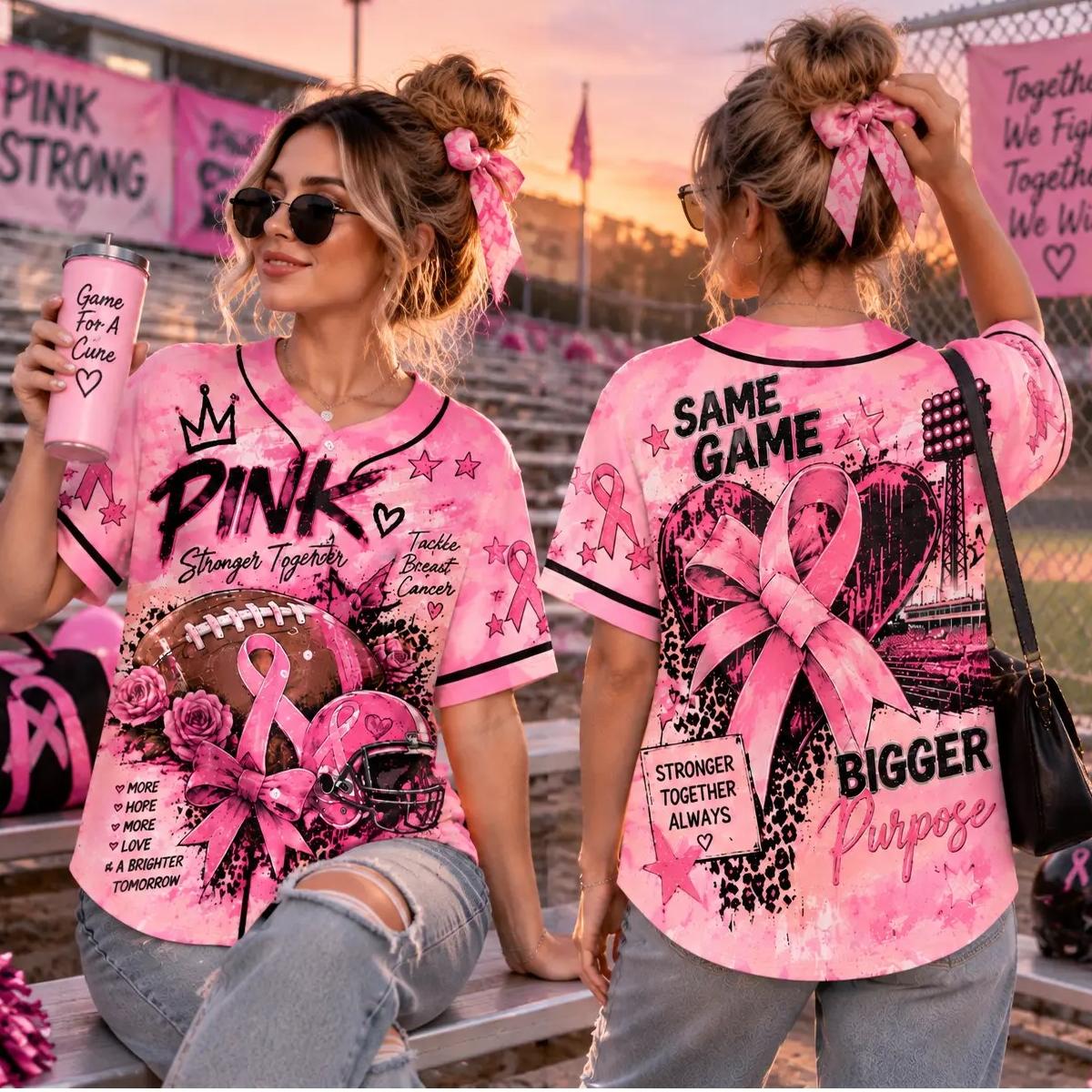 Tackle Breast Cancer Women Baseball Jersey - Football Pink Ribbon Awareness Graphic Jersey
