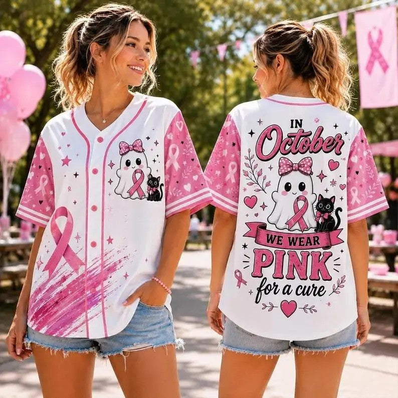 Pink Ribbon Breast Cancer Awareness Baseball Jersey - In October We Wear Pink