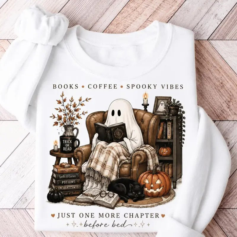 Cozy Ghost Reading Book Lover Coffee Spooky Vibes T-Shirt / Sweatshirt / Hoodie