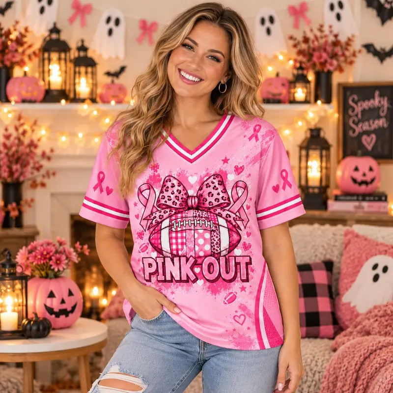 Pink Out Bow Ghost Football Breast Cancer Awareness V-Neck Jersey