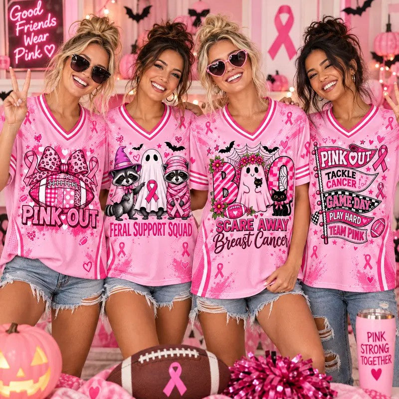 Pink Out Bow Ghost Football Breast Cancer Awareness V-Neck Jersey