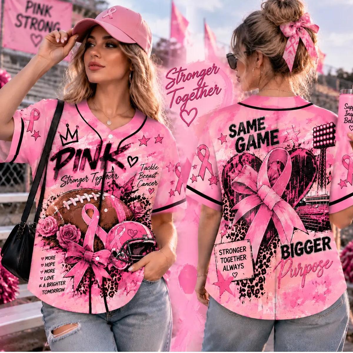 Tackle Breast Cancer Women Baseball Jersey - Football Pink Ribbon Awareness Graphic Jersey