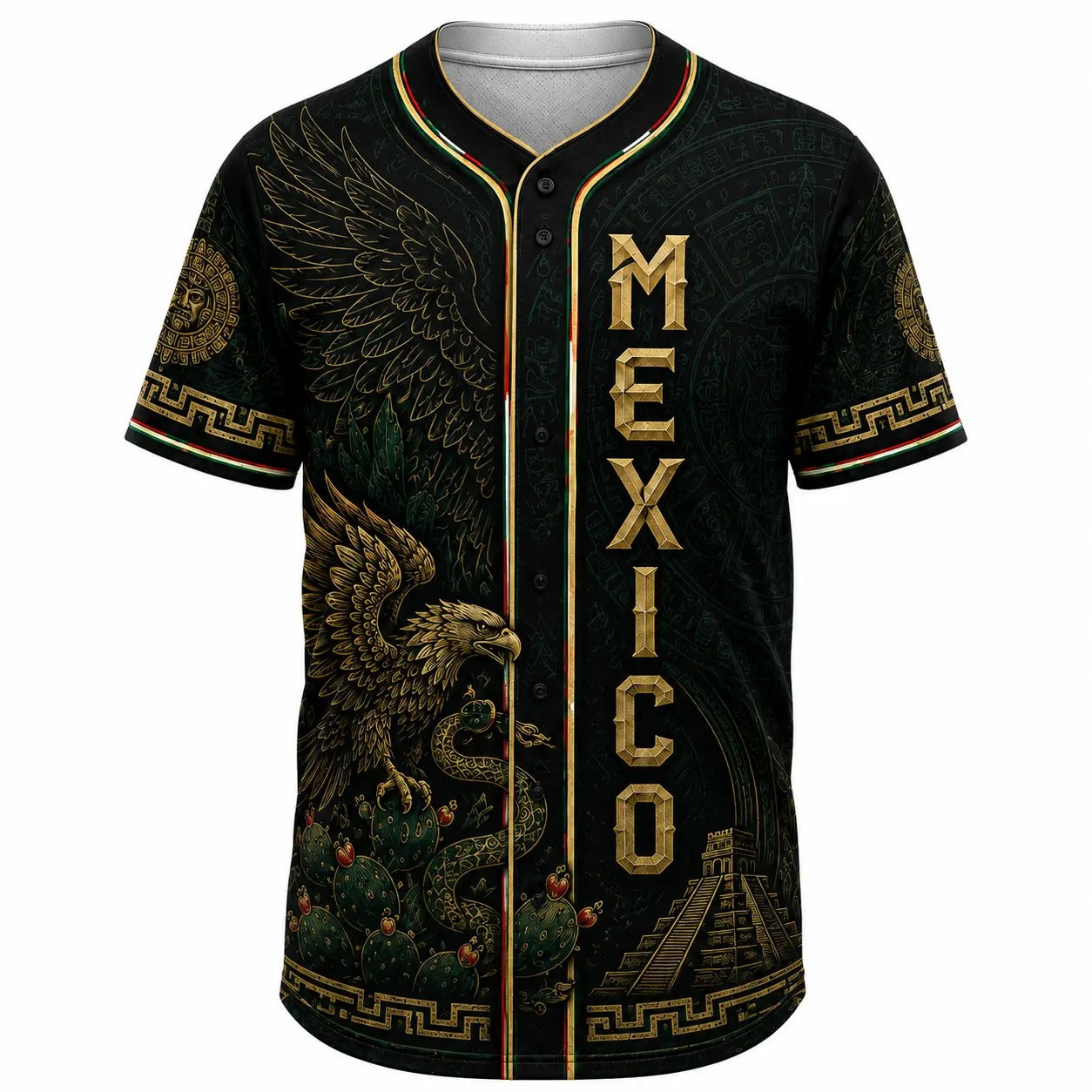 Mexico-Inspired Black  Baseball Jersey — Stylish Jersey with Golden Eagle Button-Up Shirt