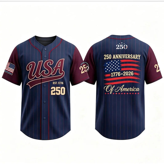 USA 250 Anniversary Baseball Jersey – 1776–2026 Patriotic Button-Up Shirt