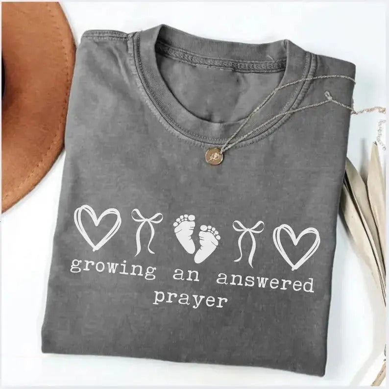 Growing An Answered Prayer Christian Mom Coquette Pregnancy Reveal Announcement Mom To Be T-Shirt / Sweatshirt / Hoodie