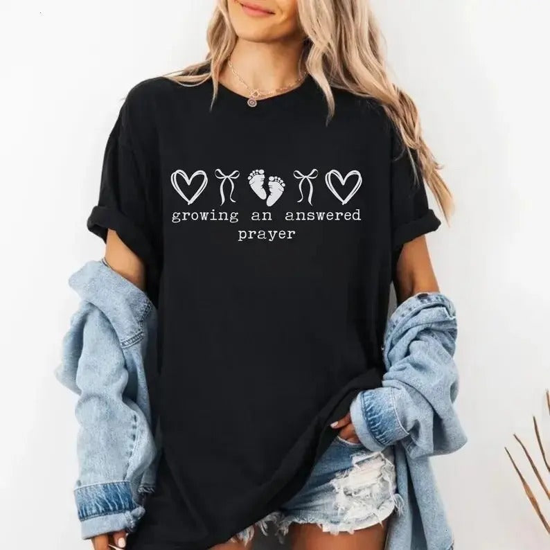 Growing An Answered Prayer Christian Mom Coquette Pregnancy Reveal Announcement Mom To Be T-Shirt / Sweatshirt / Hoodie