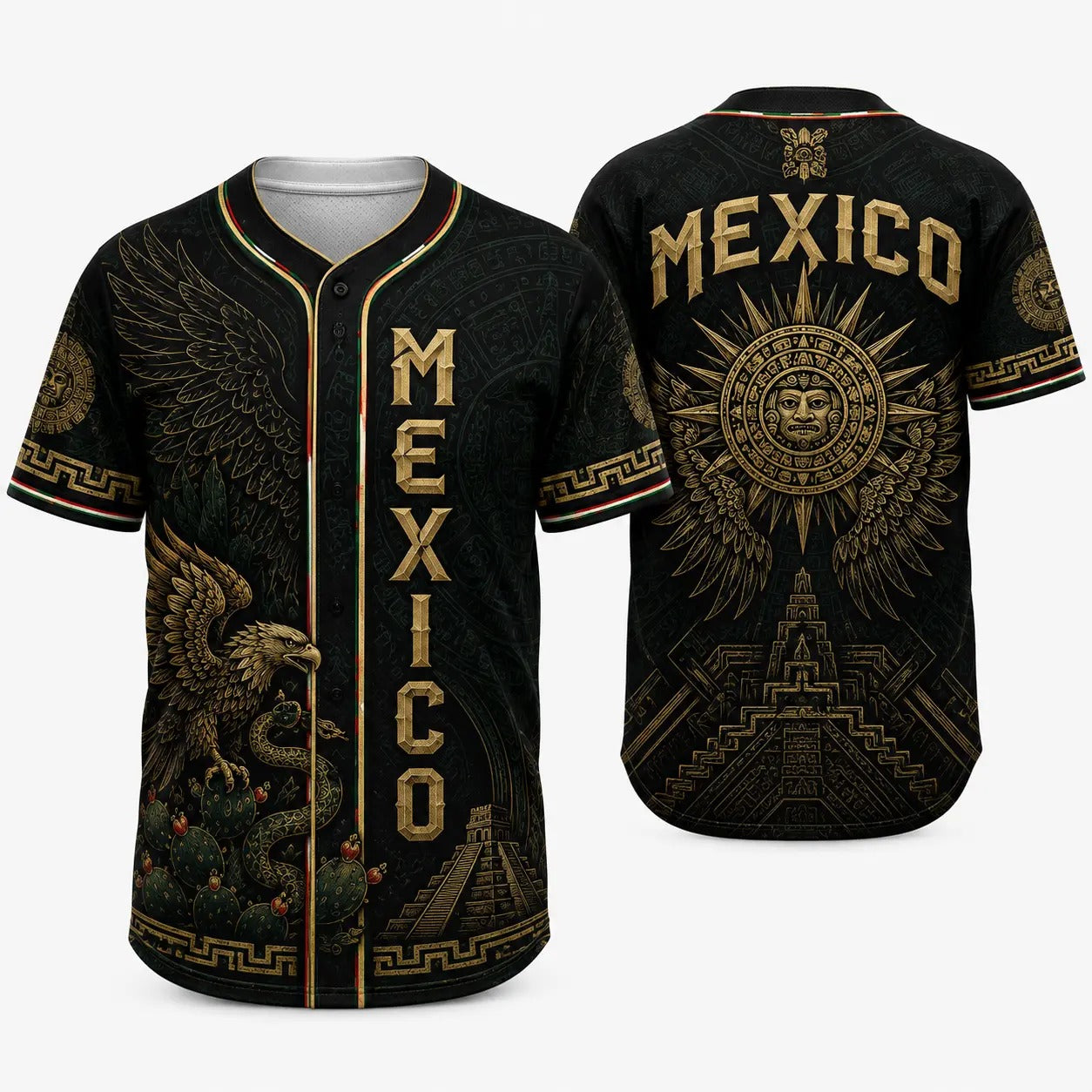 Mexico-Inspired Black  Baseball Jersey — Stylish Jersey with Golden Eagle Button-Up Shirt