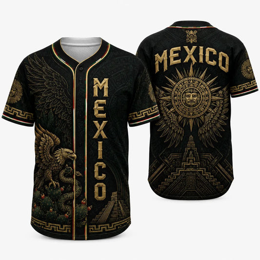 Mexico-Inspired Black  Baseball Jersey — Stylish Jersey with Golden Eagle Button-Up Shirt