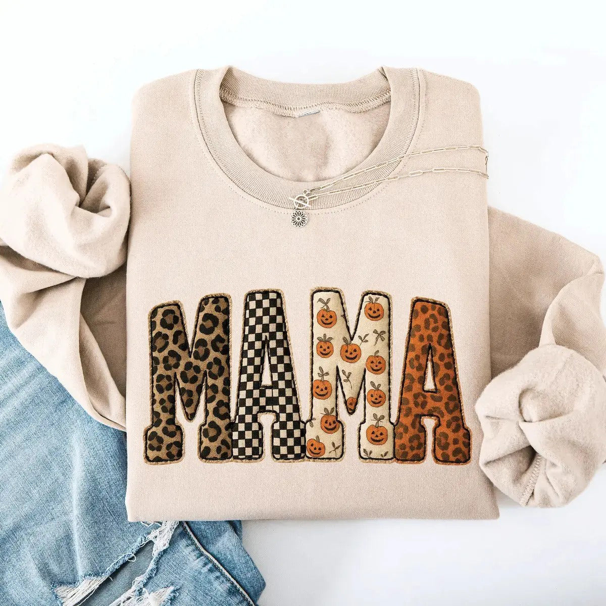 Mama Halloween Leopard And Checkered Pumpkin Printed T-Shirt / Sweatshirt / Hoodie