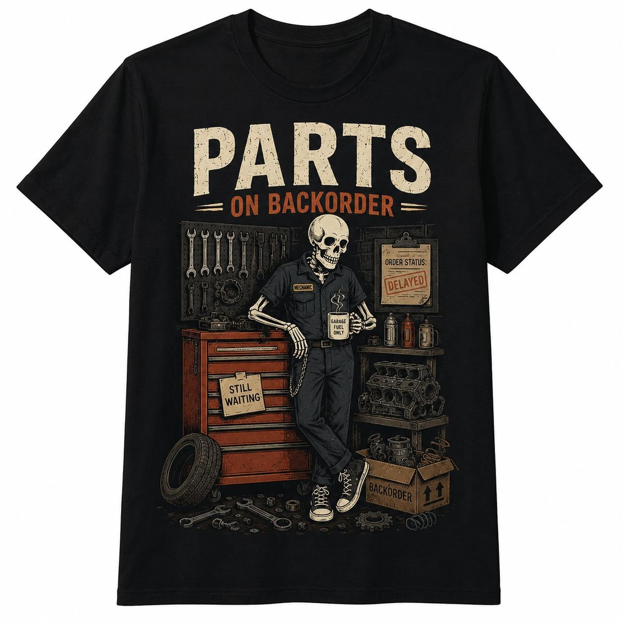 Waiting On Parts Funny Skeleton Auto Mechanic T-Shirt / Sweatshirt / Hoodie