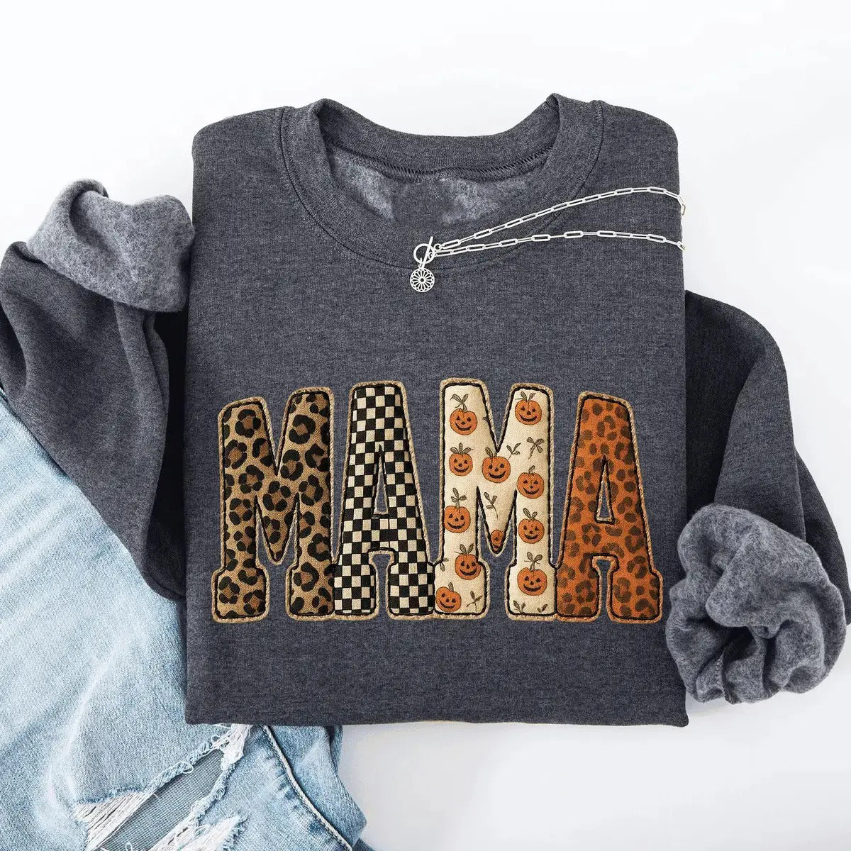 Mama Halloween Leopard And Checkered Pumpkin Printed T-Shirt / Sweatshirt / Hoodie