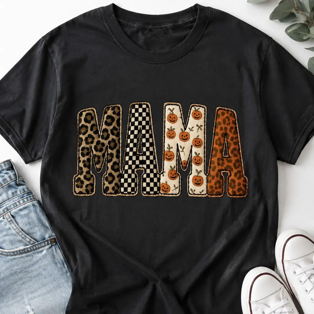 Mama Halloween Leopard And Checkered Pumpkin Printed T-Shirt / Sweatshirt / Hoodie