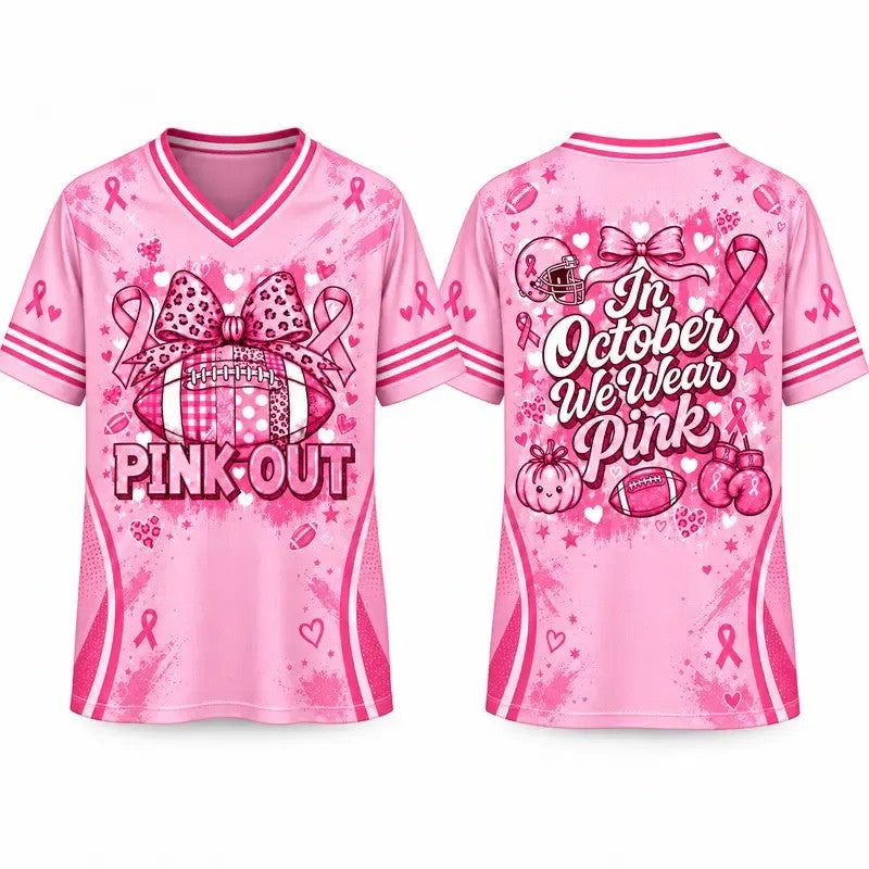 Pink Out Bow Ghost Football Breast Cancer Awareness V-Neck Jersey