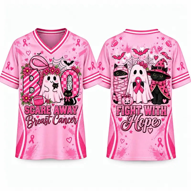 Pink Out Bow Ghost Football Breast Cancer Awareness V-Neck Jersey