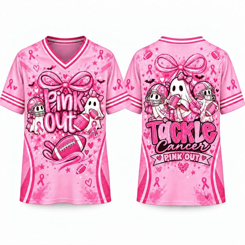 Pink Out Bow Ghost Football Breast Cancer Awareness V-Neck Jersey