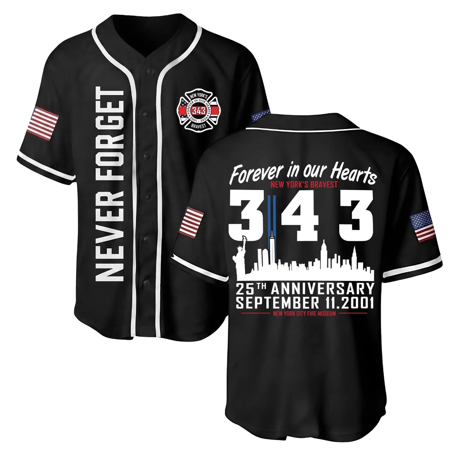 Forever In Our Hearts Baseball Jersey — 343 Hero 9/11 25th Anniversary Button-Up Shirt