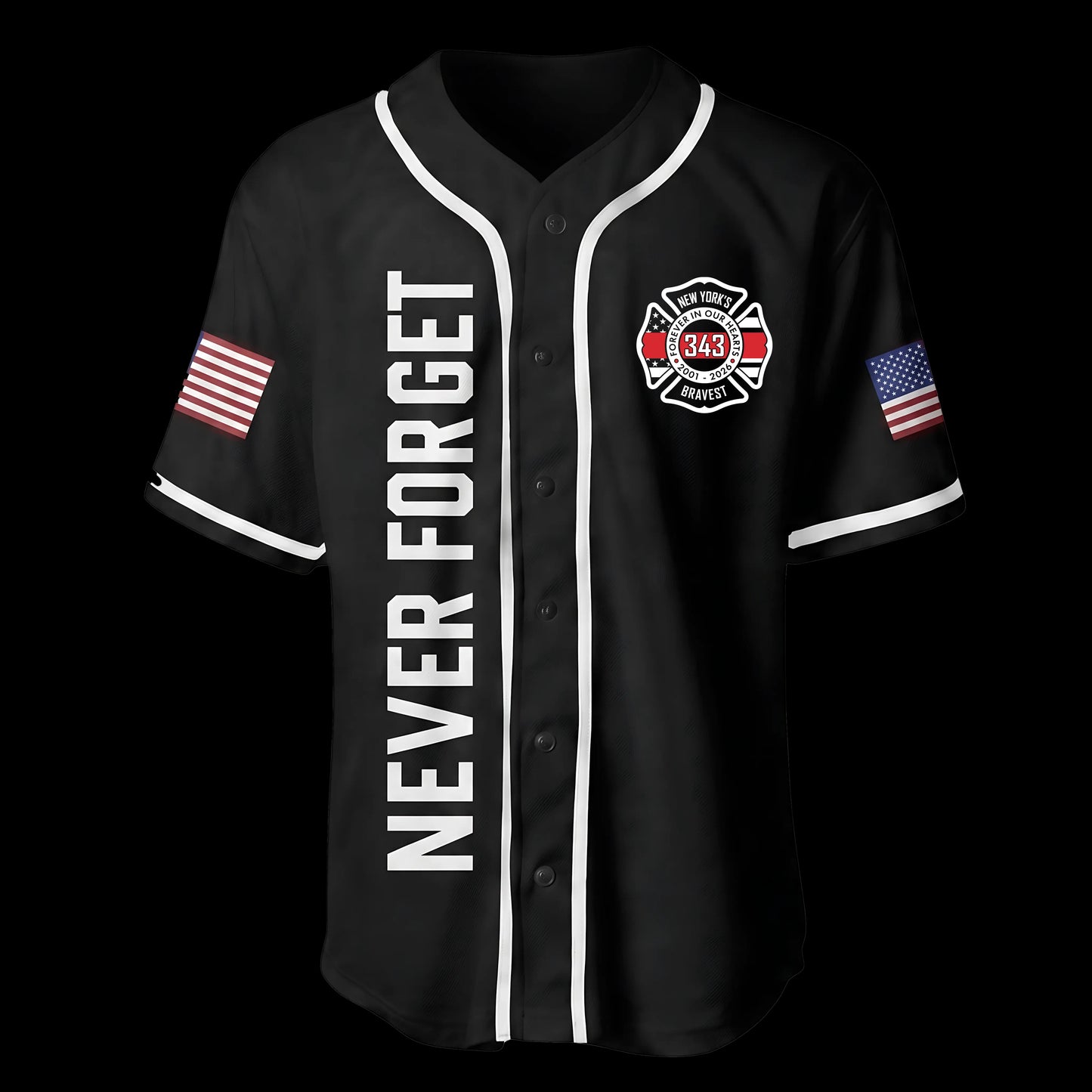 Forever In Our Hearts Baseball Jersey — 343 Hero 9/11 25th Anniversary Button-Up Shirt